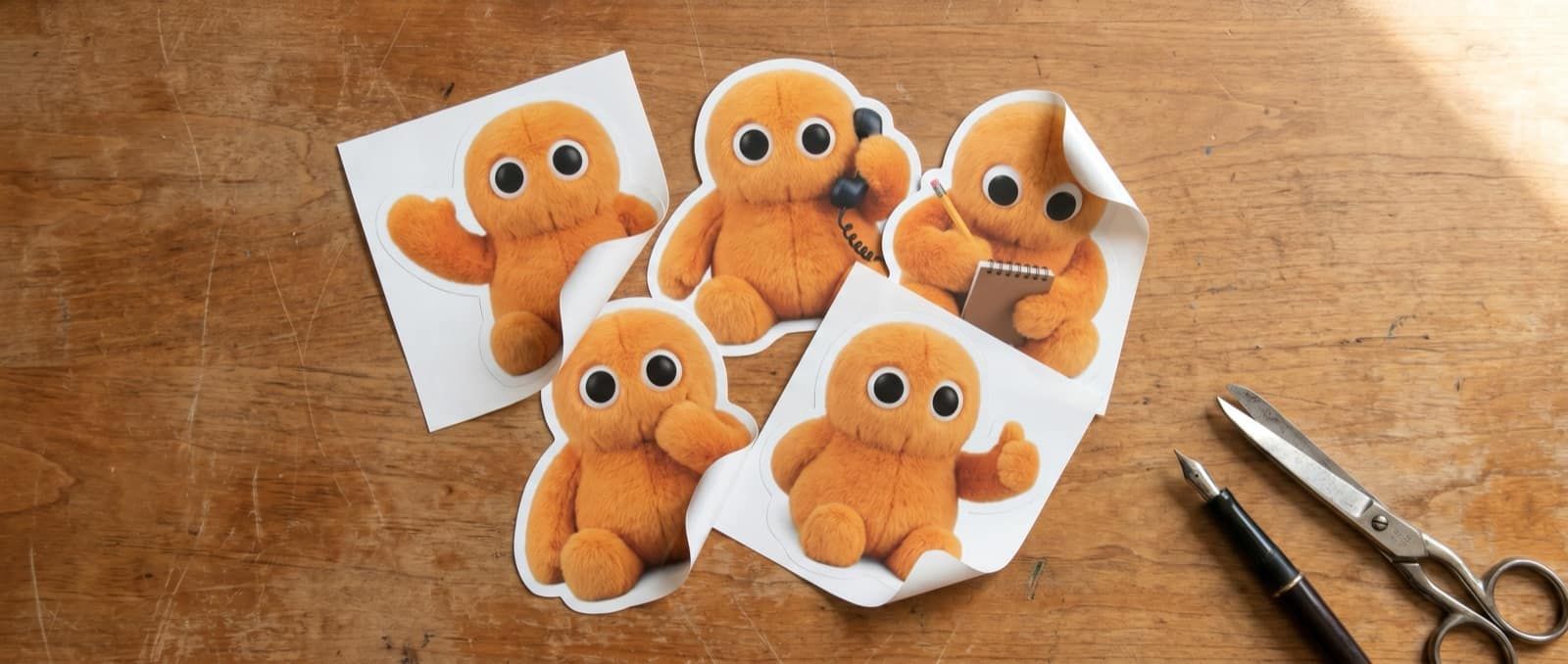 Bovenaanzicht van een stapeltje uitgesneden vinyl-stickers met dezelfde pluche Claude-mascotte in verschillende vriendelijke poses op een houten bureau.