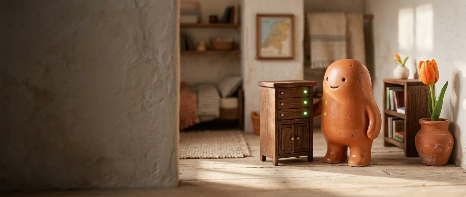 Keramische Claude-mascotte als rustige beheerder naast een klein houten serverkastje met groene statuslampjes, met een kaart van Nederland aan de muur en een oranje tulp.