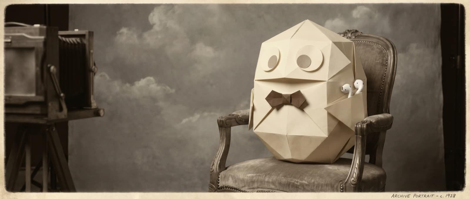 Sepia-getint vintage studio-portret van een papercraft origami Claude-mascotte met zichtbare papier-vouwen en formele bowtie op een fluwelen stoel, klein detail: moderne earbuds achter het oor.