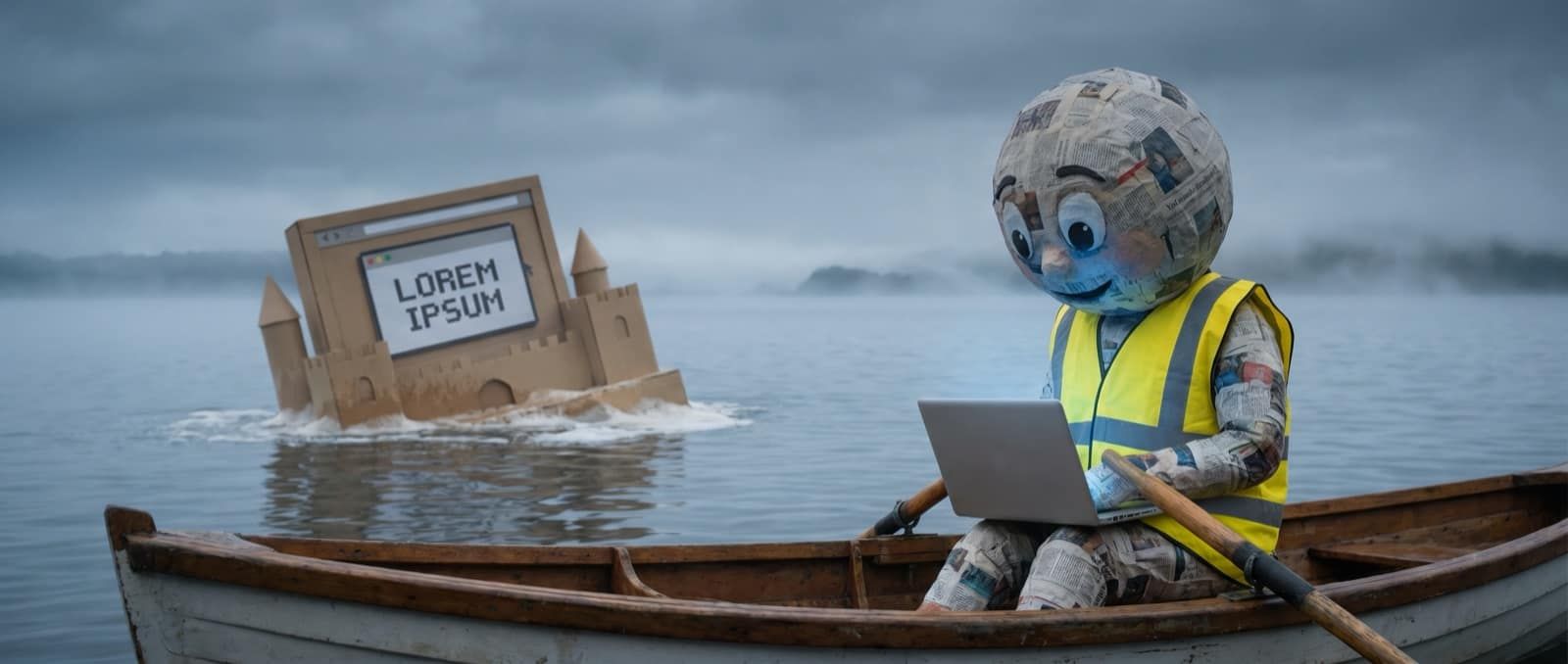 Papier-mâché Claude-mascotte met geel reddingsvest in een houten sloep, laptop op schoot, achter zich een halfgezonken kartonnen browser-mockup in grijs water.