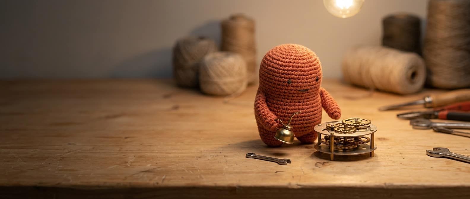 Gehaakte Claude-mascotte als zorgvuldige onderhoudsmonteur die met een klein oliekannetje een handgemaakt uurwerk-mechaniek onderhoudt, met een mini-checklist ernaast.