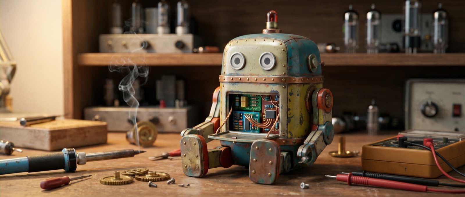 Vintage blikken speelgoedrobot in Claude-stijl op een houten werkbank, opengewerkt borstpaneel met zichtbare circuits en koperdraad, omringd door miniatuur-gereedschap: soldeerbout, tandwielen, multimeter.