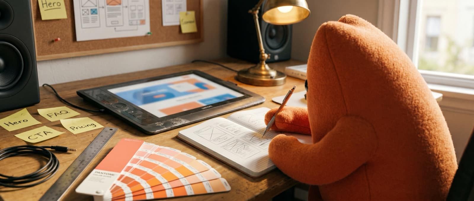 Pluche Claude-mascotte schetst wireframes op een ontwerp-bureau, met Wacom tablet, Pantone-kleurwaaier, post-its 'Hero', 'FAQ', 'CTA' en 'Pricing', en een corkbord met wireframe-printouts.