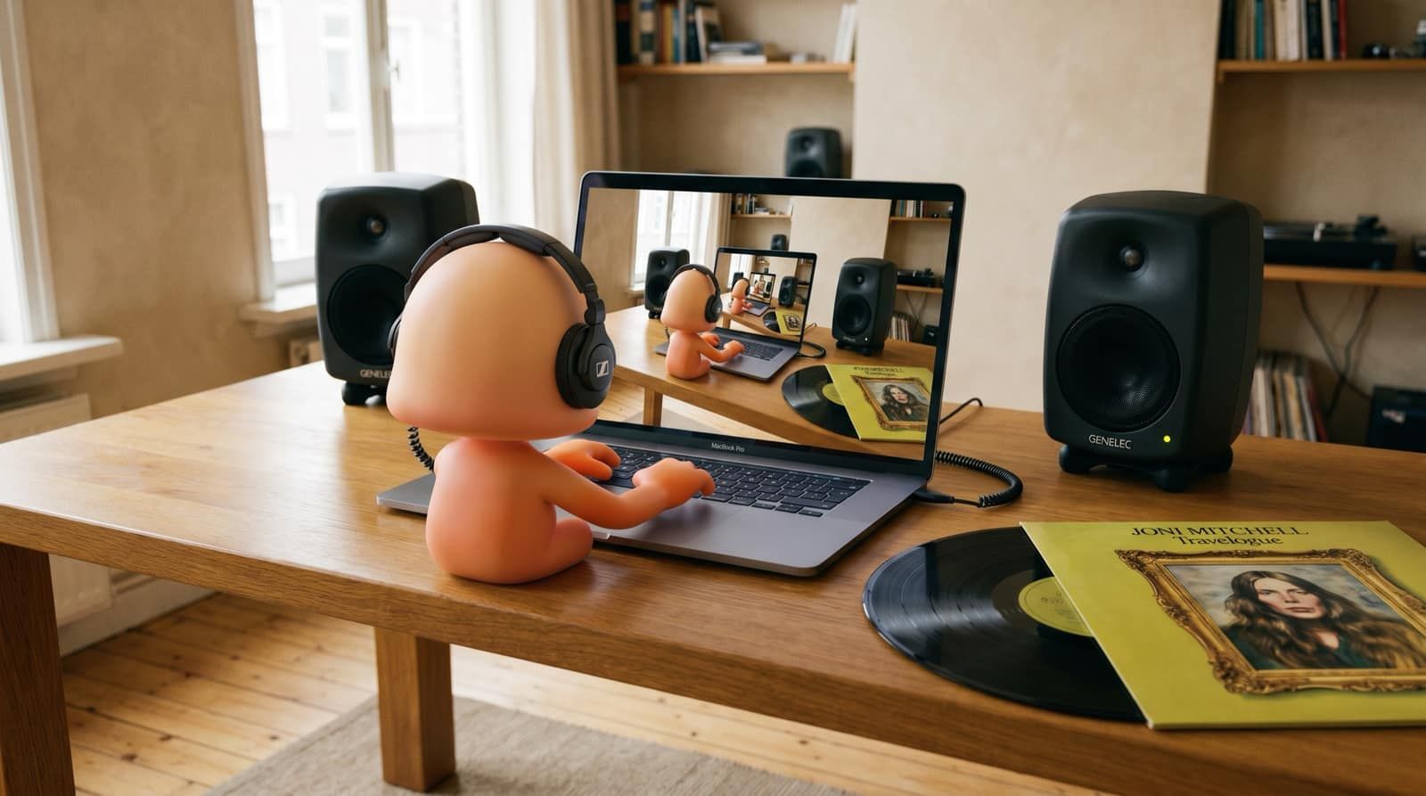 Werkruimte van Merijn: een oranje Claude-mascotte zit aan een MacBook actief te typen met een Sennheiser-koptelefoon op. Twee Genelec studio monitors achter de laptop, een vinyl deels over de cover van Joni Mitchell, Travelogue. Op het laptopscherm verschijnt dezelfde scene steeds opnieuw, een droste-effect.