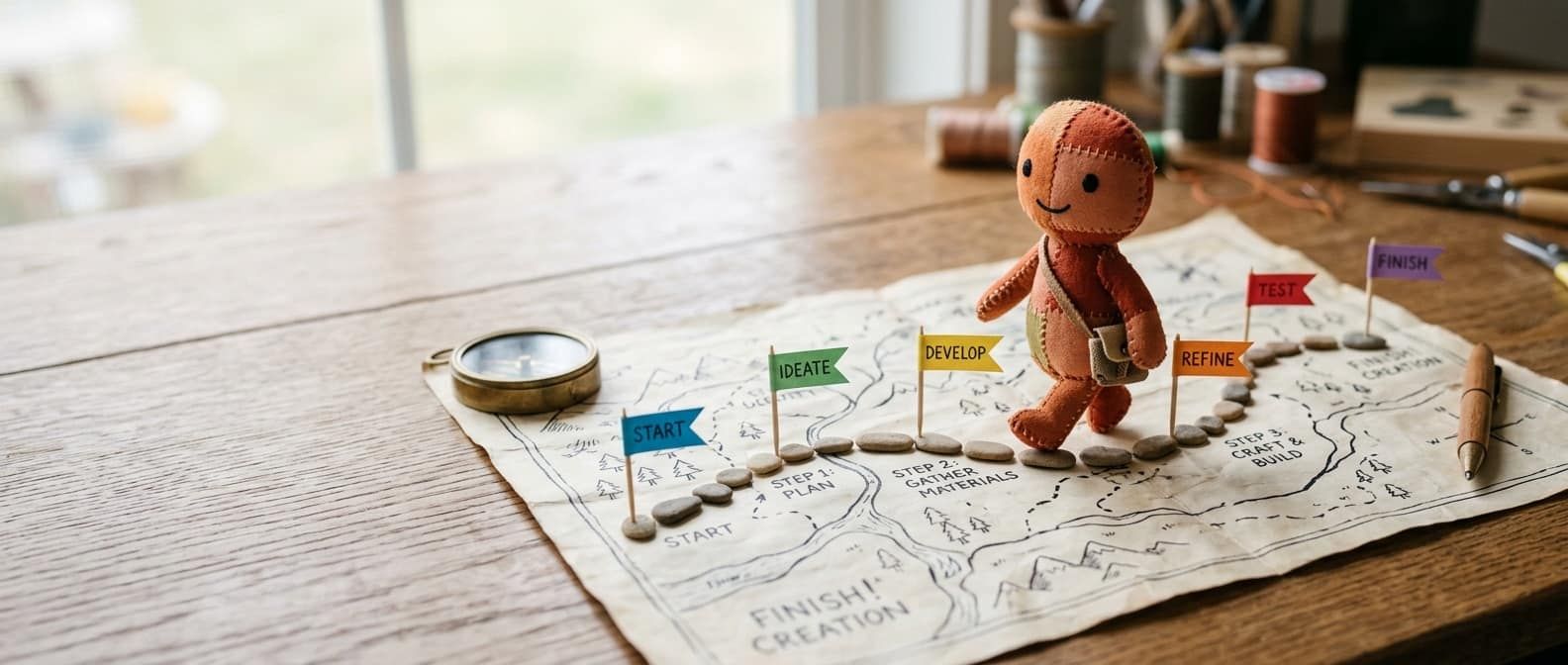 Gestikte patchwork Claude-mascotte als rustige gids die over een pad van stapstenen op een handgetekende kaart loopt, met kleine papieren mijlpaal-vlaggetjes langs de route.