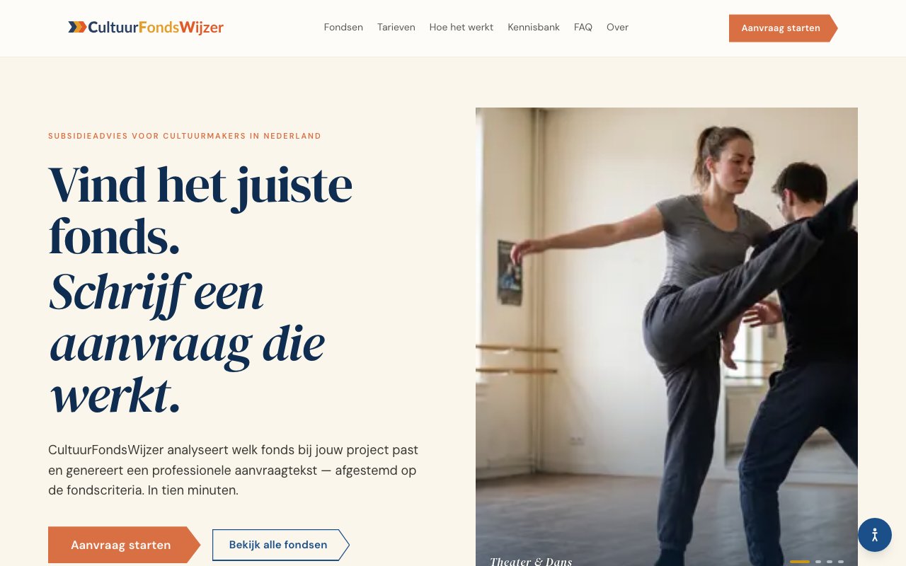 Screenshot van de website CultuurFondsWijzer (cultuurfondswijzer.nl)