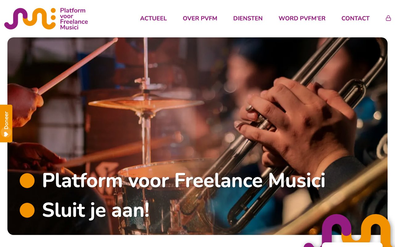 Screenshot van de website Platform voor Freelance Musici (pvfm.nl)